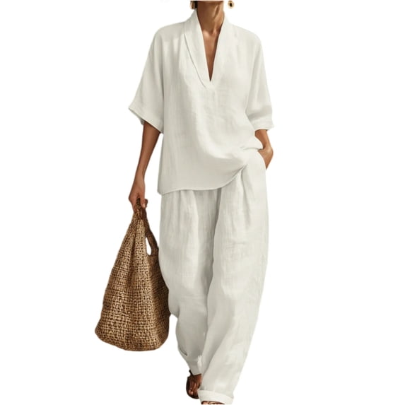 Domzest Two Piece Linen Sets for Women Short Sleeve V Neck Tunic Top Matching Wide Leg Pants Casual Loose Outfits With Side Pockets White S