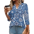 thumbnail image 1 of Domzest V Neck Tops for Women 3/4 Sleeve Boho Floral Print Pleated Button Down Shirts Loose Fit Tunic Blouse Blue L, 1 of 6