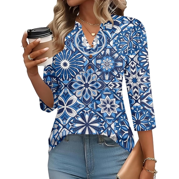 Domzest V Neck Tops for Women 3/4 Sleeve Boho Floral Print Pleated Button Down Shirts Loose Fit Tunic Blouse Blue L