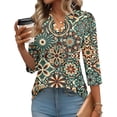 thumbnail image 1 of Domzest V Neck Tops for Women 3/4 Sleeve Boho Floral Print Pleated Button Down Shirts Loose Fit Tunic Blouse Green L, 1 of 6