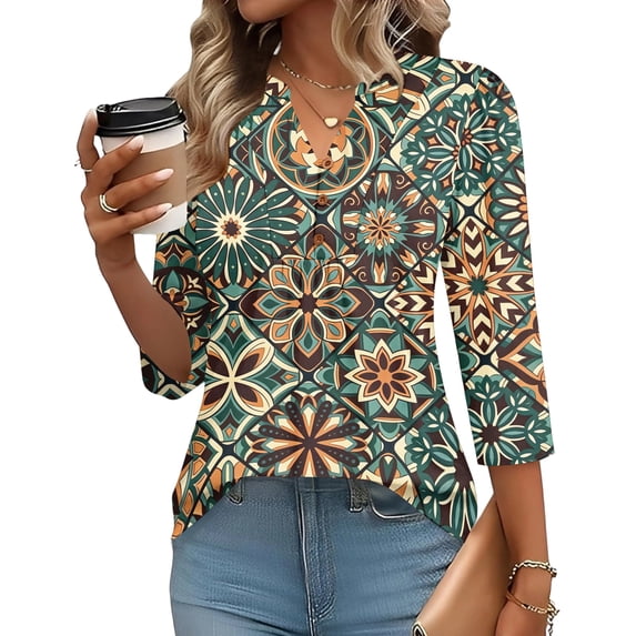 Domzest V Neck Tops for Women 3/4 Sleeve Boho Floral Print Pleated Button Down Shirts Loose Fit Tunic Blouse Green L