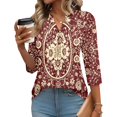 thumbnail image 1 of Domzest V Neck Tops for Women 3/4 Sleeve Boho Floral Print Pleated Button Down Shirts Loose Fit Tunic Blouse Red S, 1 of 6
