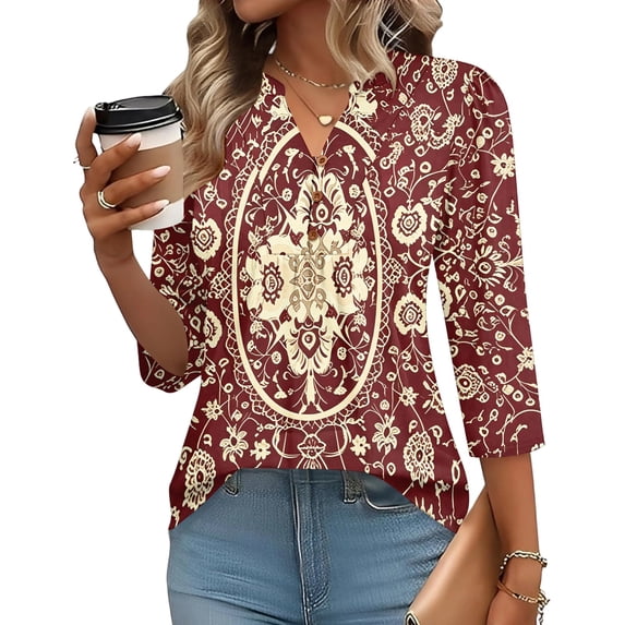 Domzest V Neck Tops for Women 3/4 Sleeve Boho Floral Print Pleated Button Down Shirts Loose Fit Tunic Blouse Red S