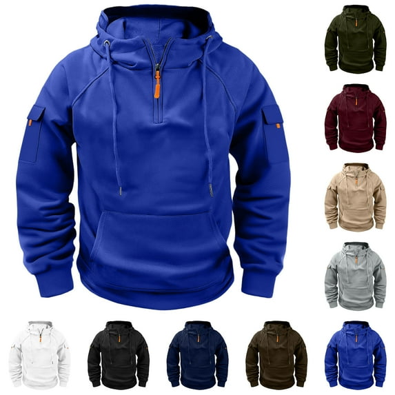 Domzest Winter Hoodies for Men 1/4 Zip-Up Big and Tall V Ncek with Long Sleeve Hoodies Warm Fall Fleece Hooded Jacket Lightweight Sport Pullover Tops with Arm Zip Pocket Wine L