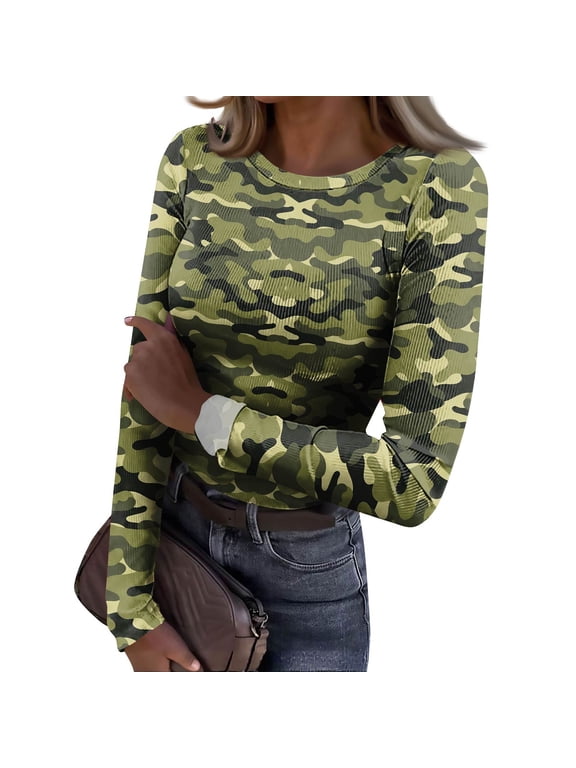 Women Camo Print Ribbed Long Sleeve T Shirt Round Neck Slim Fit Basic Tee Fall Winter Casual Stretchy Pullover Blouse Tops Green 2XL