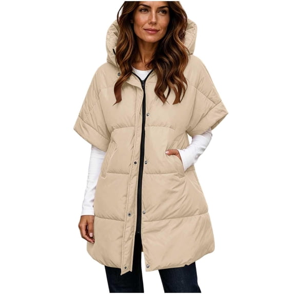 Zip Button Snap Domzest Women Mid‑Length Hooded Puffer Cape Coat Short Sleeve Quilted ...