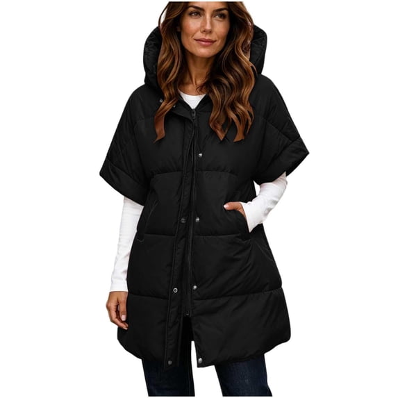 Zip Button Snap Domzest Women Mid‑Length Hooded Puffer Cape Coat Short Sleeve Quilted ...