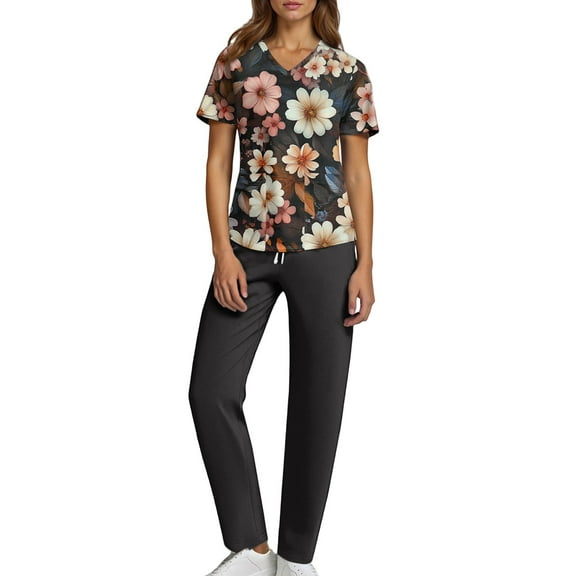 Domzest Women Scrubs Sets Plus Size Scrub Sets Petite V Neck Scrub Tops and Pants Nursing Uniforms Medical Scrub Sets Tall Scrubs XL