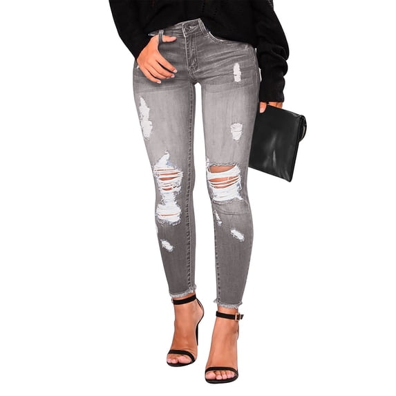 Domzest Women's Boyfriend Jeans Distressed Slim Fit Ripped Denim Pants Comfy Stretch Skinny Jeans Gray S