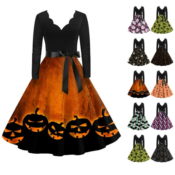 Domzest Women's Halloween Dress Fall Vintage Bat Printed Long Sleeve V-Neck Plus Size Swing Dress Cute Retro Pleated Prom Dresses Hepburn Dresses Army Green XL