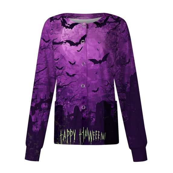 Domzest Women's Halloween Long Sleeve Nurse Jacket Button Front Pumpkin Ghost Bat Print Nurse Working Uniform Cute Scrub Top Purple XL