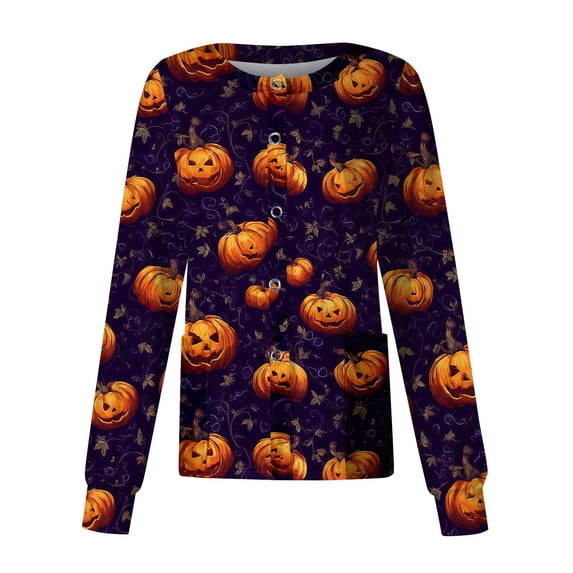 Domzest Women's Halloween Long Sleeve Scrub Jacket Pumpkin Ghost Bat Graphic Button Front Nurse Uniform Funny Scrub Top Dark Purple 5XL