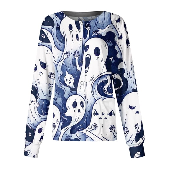 Domzest Women's Halloween Nurse Jacket Button Front Halloween Graphic Scrub Top Crew Neck Funny Medical Workwear Jacket Navy 5XL
