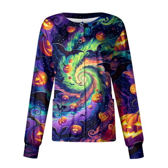 Domzest Women's Halloween Nurse Jacket Button Front Pumpkin Ghost Bat Graphic Scrub Top Long Sleeve Funny Medical Workwear Jacket Purple 2XL
