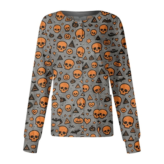 Domzest Women's Halloween Nurse Jacket Crew Neck Halloween Print Scrub Top Long Sleeve Funny Medical Workwear Jacket Dark Gray S
