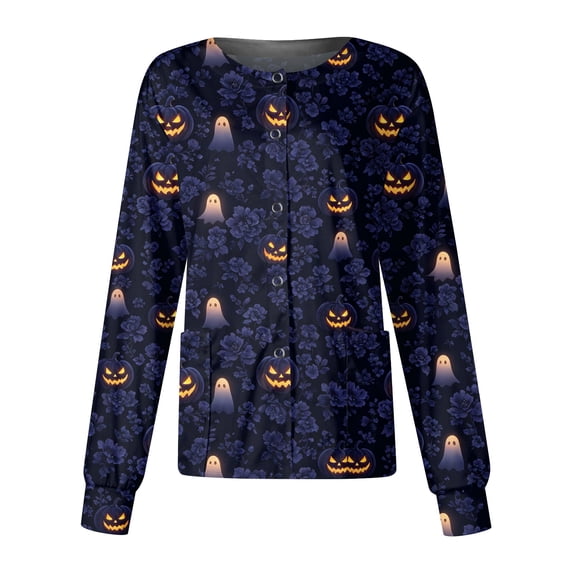 Domzest Women's Halloween Nurse Jacket Halloween Graphic Long Sleeve Nurse Working Uniform Cute Button Front Scrub Top Dark Blue S