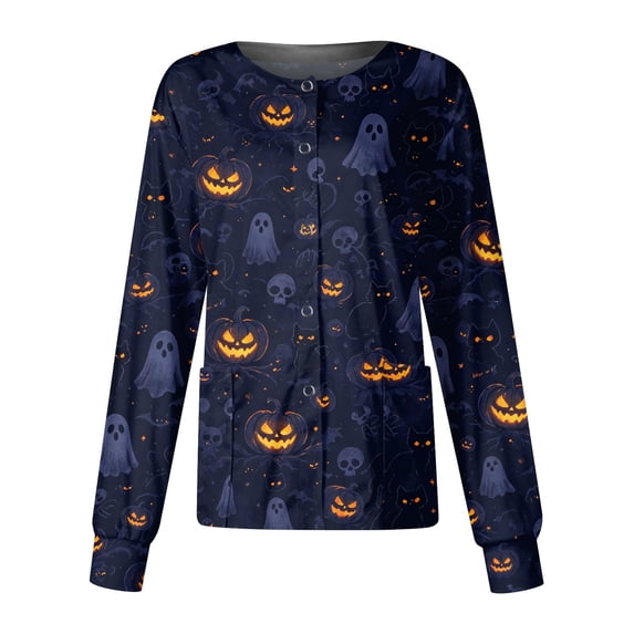 Domzest Women's Halloween Nurse Jacket Long Sleeve Pumpkin Ghost Bat Graphic Medical Workwear Jacket Button Front Cute Scrub Top Saffron 2XL