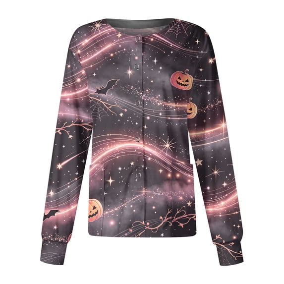 Domzest Women's Halloween Nurse Jacket Long Sleeve Pumpkin Ghost Bat Print Nurse Working Uniform Button Front Funny Nurse Uniform Purple Pink 3XL
