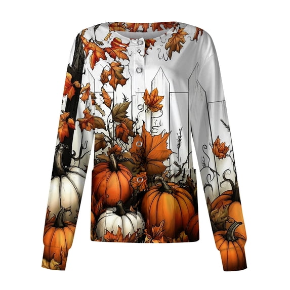 Domzest Women's Halloween Nurse Jacket Pumpkin Ghost Bat Print Long Sleeve Scrub Top Cute Button Front Nurse Working Uniform Yellow 5XL