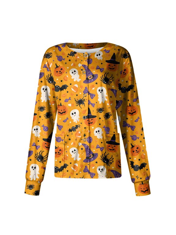 Women's Halloween Scrub Jacket Halloween Print Button Front Nurse Uniform Funny Long Sleeve Medical Workwear Jacket Yellow 2XL