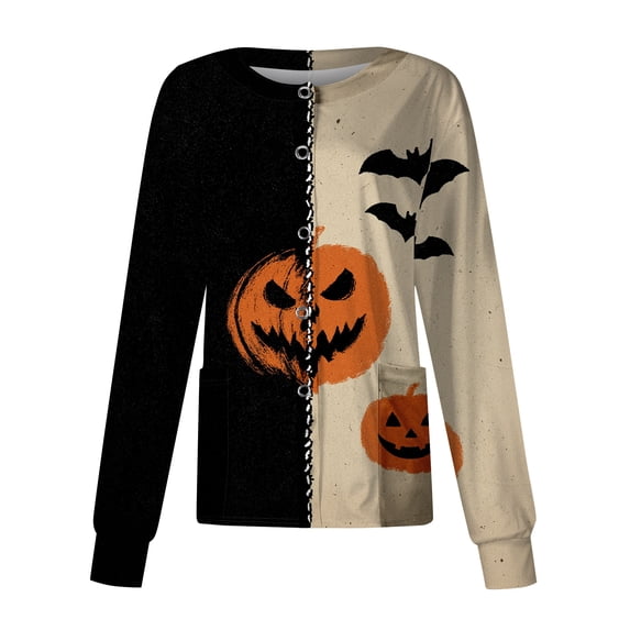 Domzest Women's Halloween Scrub Jacket Pumpkin Ghost Bat Print Long Sleeve Nurse Working Uniform Funny Button Front Scrub Top Black M