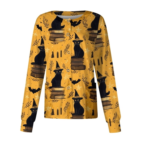 Domzest Women's Halloween Scrub Jacket Pumpkin Ghost Bat Print Long Sleeve Scrub Top Cute Button Front Medical Workwear Jacket Saffron 2XL