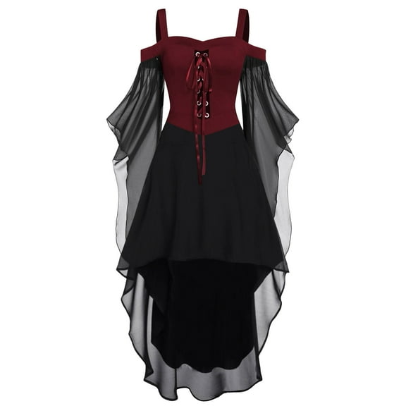 Domzest Women's Halloween Witch Dress - Medieval Renaissance Vampire Gothic Costume, Butterfly Sleeve Mesh Design (Holiday Outfit) L