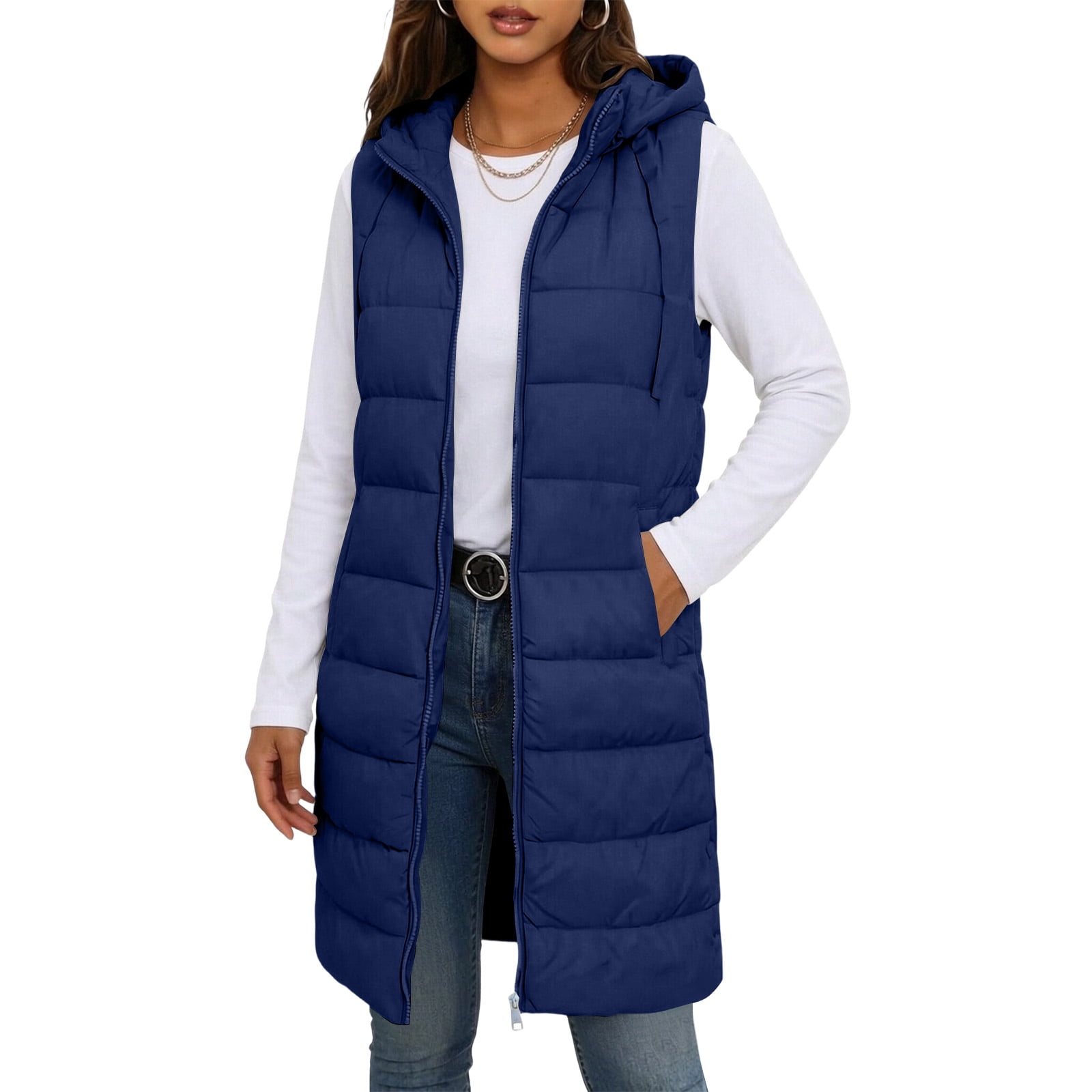 Domzest Women's Long Hooded Puffer Vest Zip Up Sleeveless Quilted Gilet ...