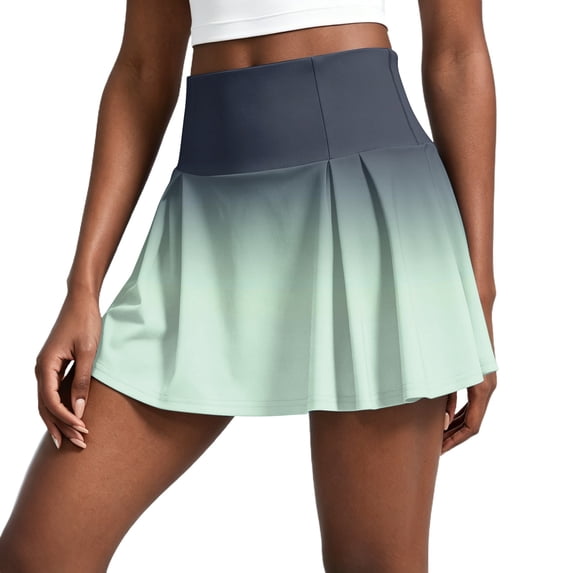Domzest Women's Pleated Athletic Skirts High Waisted Gradient Tennis Skirt with Built-in Shorts for Golf Running Workout Cyan XL