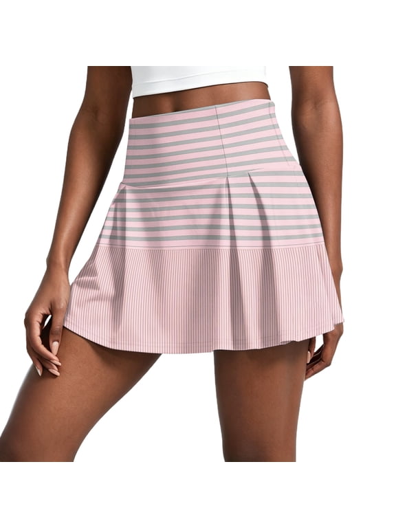 Women's Pleated Athletic Skirts High Waisted Striped & Plaid Tennis Skirt with Built-in Shorts for Golf Running Workout Light pink S