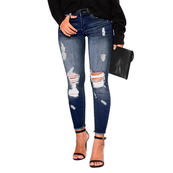 Domzest Women's Ripped Destroyed Skinny Jeans & Jeggings Pull-On Elastic Waist Stretch Denim Pants Regular-Plus Size Dark Blue M