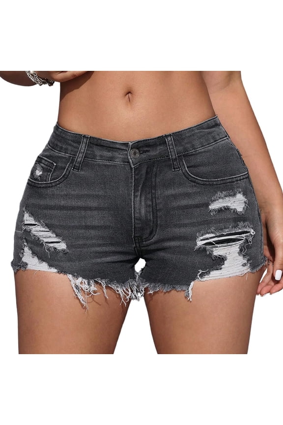 Women's Ripped Raw Trim Denim Shorts Vintage Low Rise Ripped Distressed Skinny Mini Jean Shorts 2026 Summer Y2k Outfits Black XXL