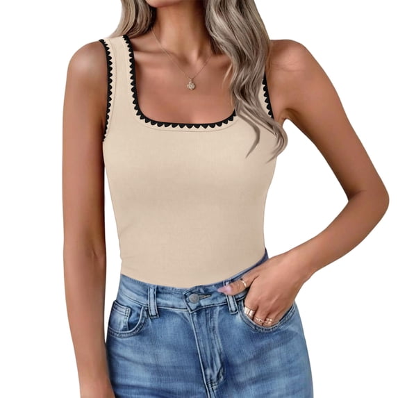 Domzest Women’s Square Neck Tank Tops 2026 Summer Scalloped Lace Ribbed Tank Top Casual Slim Fitted Color Block Tanks Beige L