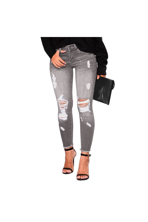 Women's Stretch Pull-On Jeans Skinny Ripped Distressed Denim Jeggings Regular-Plus Size Gray M