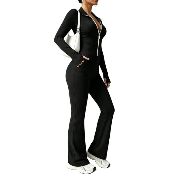 Domzest Women's Two Piece Yoga Set Fitness Outfit Sports Jacket and High-waisted Flared Pants Suitable for Running, Fitness, Workout Black S