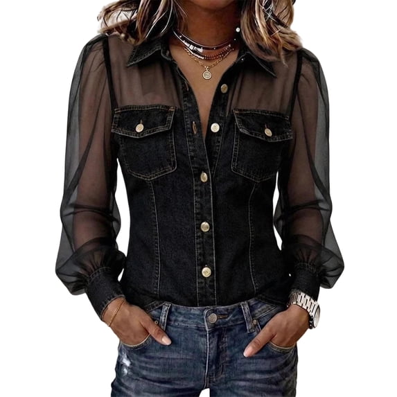 Domzest Women’s Vintage Faux Denim Shirt Sheer Mesh Long Sleeve Denim Tops Button Down See Through Jean Top with Chest Pocket Black S