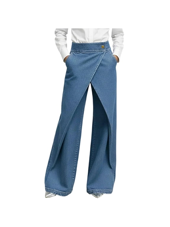 Women's Vintage Washed Jeans High Waist Wrap Front Split Wide Leg Denim Pants Cross Over Front Flare Jeans with Side Pockets Blue XXL