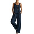 thumbnail image 1 of Domzest Womens 2 Piece Linen Blend Set Sleeveless Button Tank Top & Wide Leg Pants Set Summer Casual Outfits Dark Blue L, 1 of 4