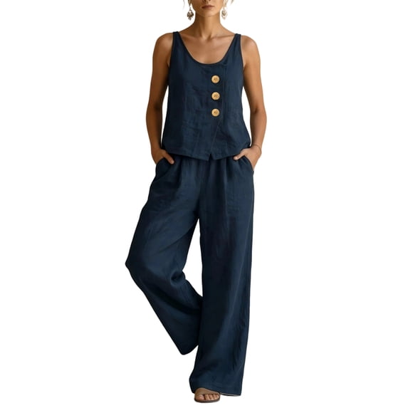 Domzest Womens 2 Piece Linen Blend Set Sleeveless Button Tank Top & Wide Leg Pants Set Summer Casual Outfits Dark Blue L