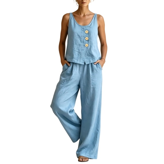 Domzest Womens 2 Piece Linen Blend Set Sleeveless Button Tank Top & Wide Leg Pants Set Summer Casual Outfits Sky Blue XL