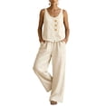 thumbnail image 1 of Domzest Womens 2 Piece Linen Blend Set Sleeveless Button Tank Top & Wide Leg Pants Set Summer Casual Outfits White 3XL, 1 of 4