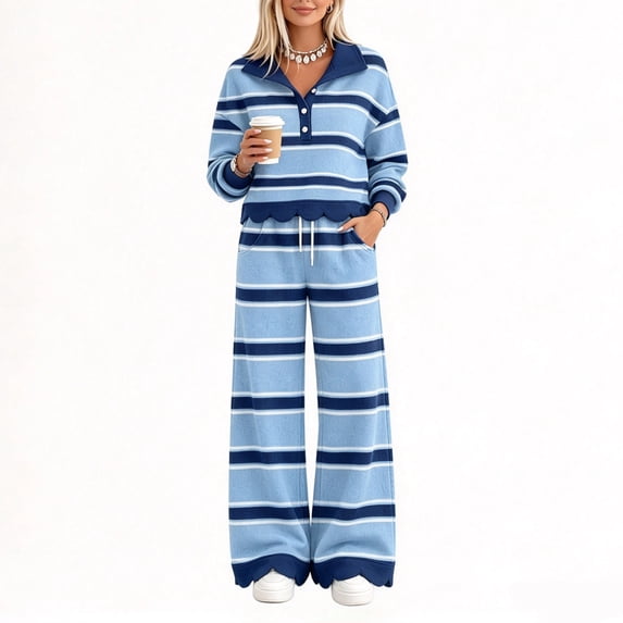 Domzest Womens 2 Piece Outfit Set Striped Button Scalloped Trim Pullover Top & Wide Leg Pants Lounge Set Fall Casual Matching Outfit Sets Blue S