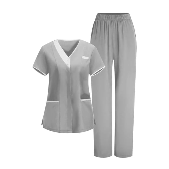 Domzest Womens 2 Piece Scrub Sets V-Neck Short Sleeve Scrub Top & Elatic Straight Leg Pants Medical Uniform for Nurses Gray L