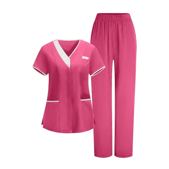 Domzest Womens 2 Piece Scrub Sets V-Neck Short Sleeve Scrub Top & Elatic Straight Leg Pants Medical Uniform for Nurses Hot Pink XXL
