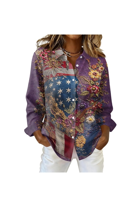 Womens 250th Anniversary Usa Shirt 4th Of July American Flag Elements Shirt Patriotic V Neck Long Sleeve Butoon Down Tshirt Purple S