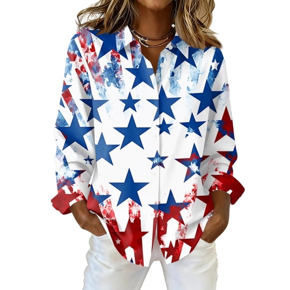 Domzest Womens 250th Anniversary Usa Shirt 4th Of July American Flag Elements Shirt Patriotic V Neck Long Sleeve Butoon Down Tshirt Sky Blue S
