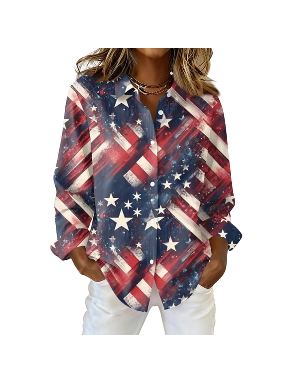 Womens 250th Anniversary Usa Shirt 4th Of July Graphic Tshirts Patriotic V Neck Long Sleeve Butoon Down Shirt Dark Blue M