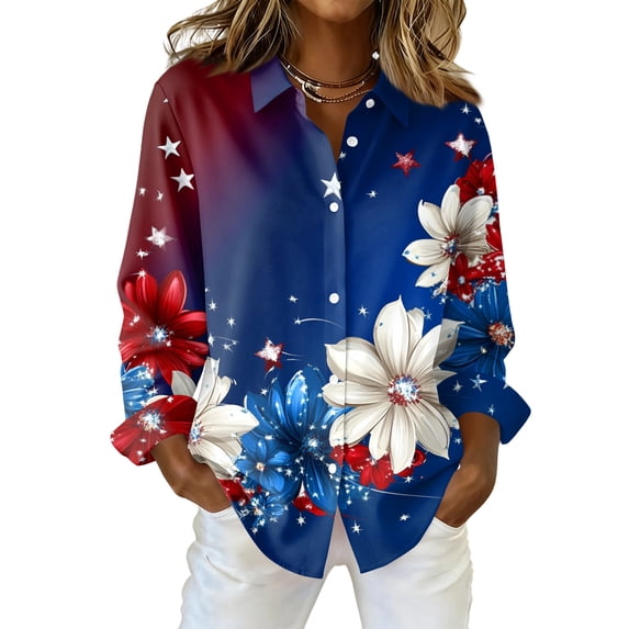 Domzest Womens 250th Anniversary Usa Shirt Patriotic V Neck Long Sleeve Butoon Down Shirts 4th Of July Graphic Tshirts Blue XL