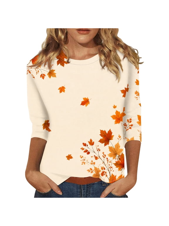 Womens 3/4 Sleeve Crew Neck T Shirt Fall Maple Leaf Print Casual Loose Fit Blouse Autumn Fashion Tops for Ladies Yellow 2XL