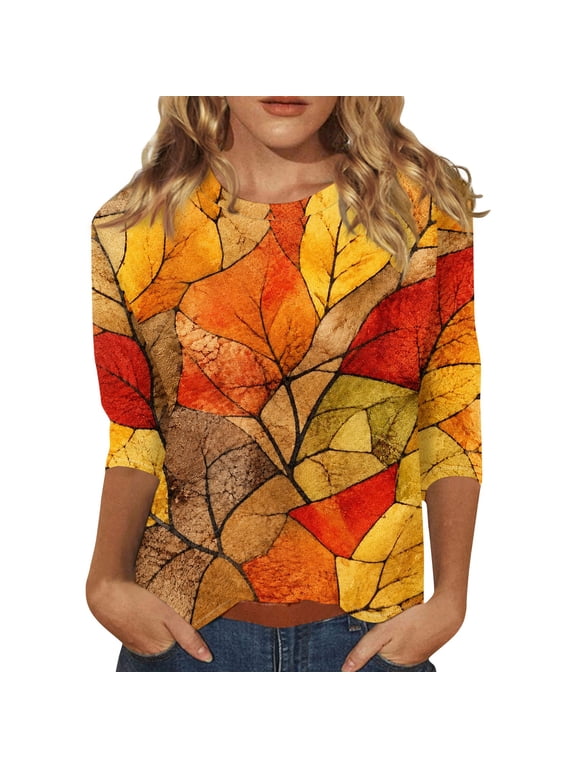 Womens 3/4 Sleeve Round Neck T-Shirt Vintage Patchwork Fall Maple Leaf Print Casual Loose Autumn Blouse Tops Yellow S